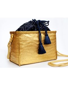 Gold Lacquered Woven Bamboo Handbag (Kumihimo Strap, Sashiko Inner)